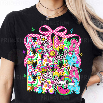 a woman wearing a black t - shirt with the word mama on it