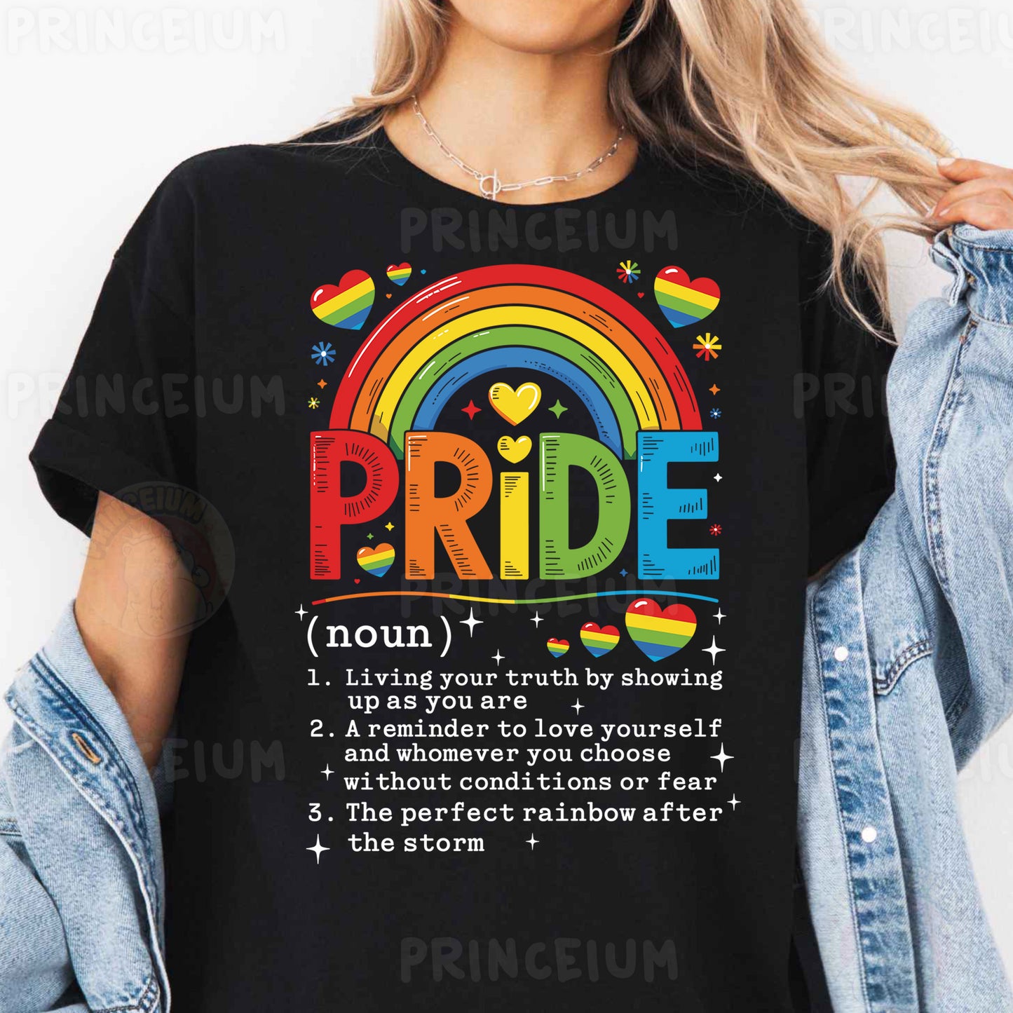a woman wearing a black shirt that says pride