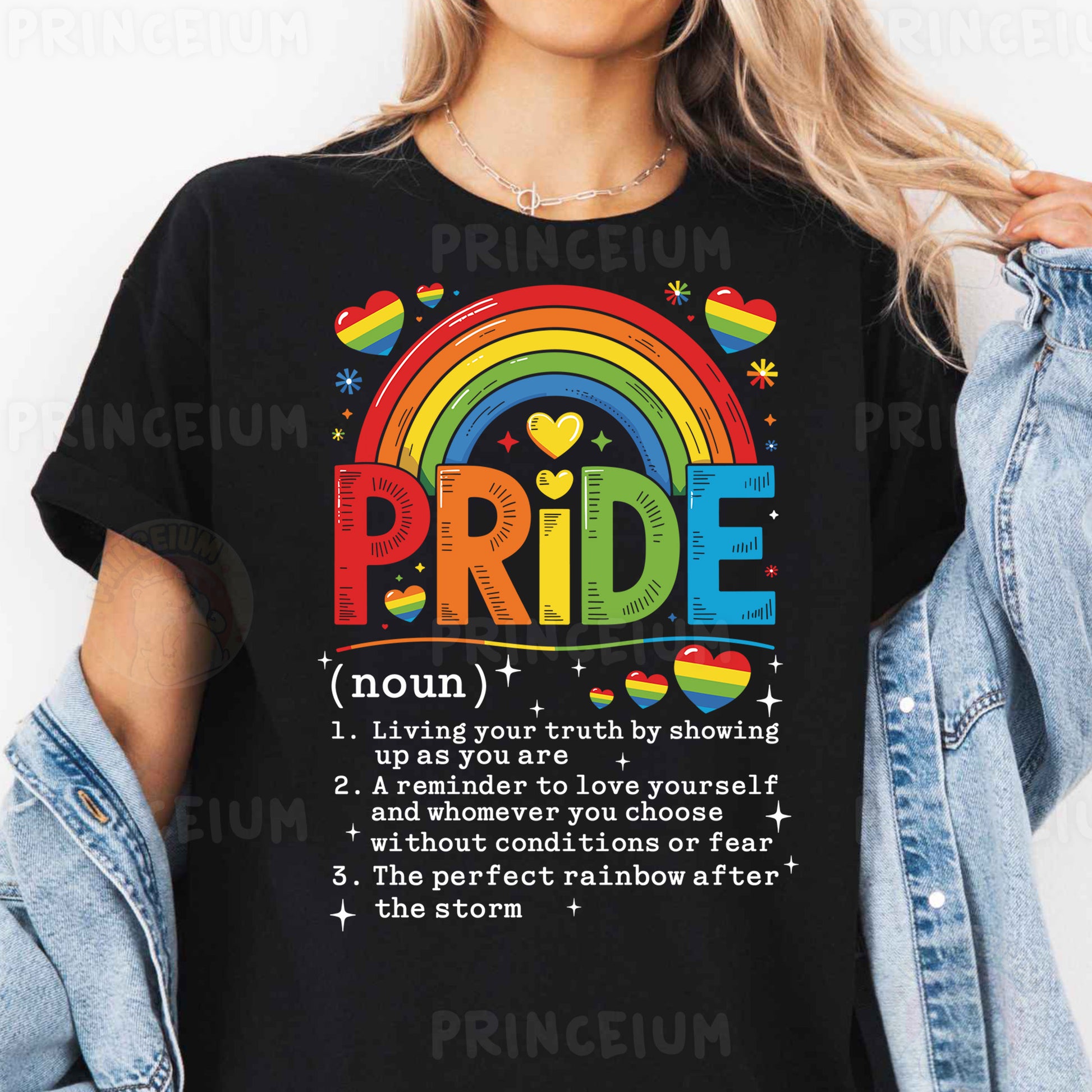 a woman wearing a black shirt that says pride