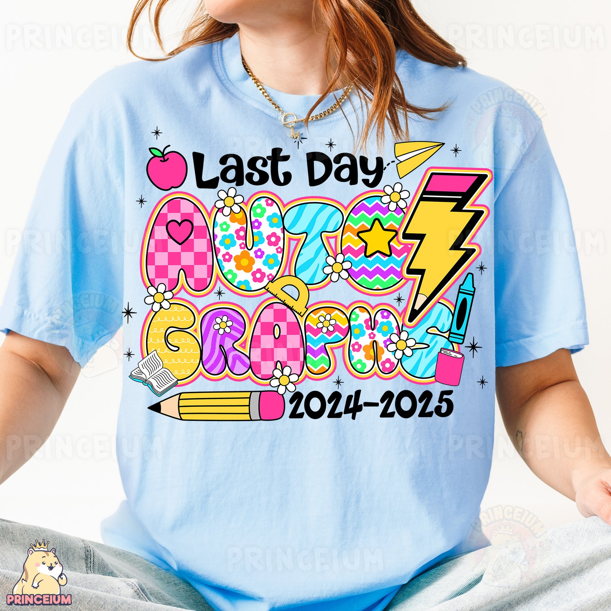 a girl wearing a t - shirt that says last day crayons