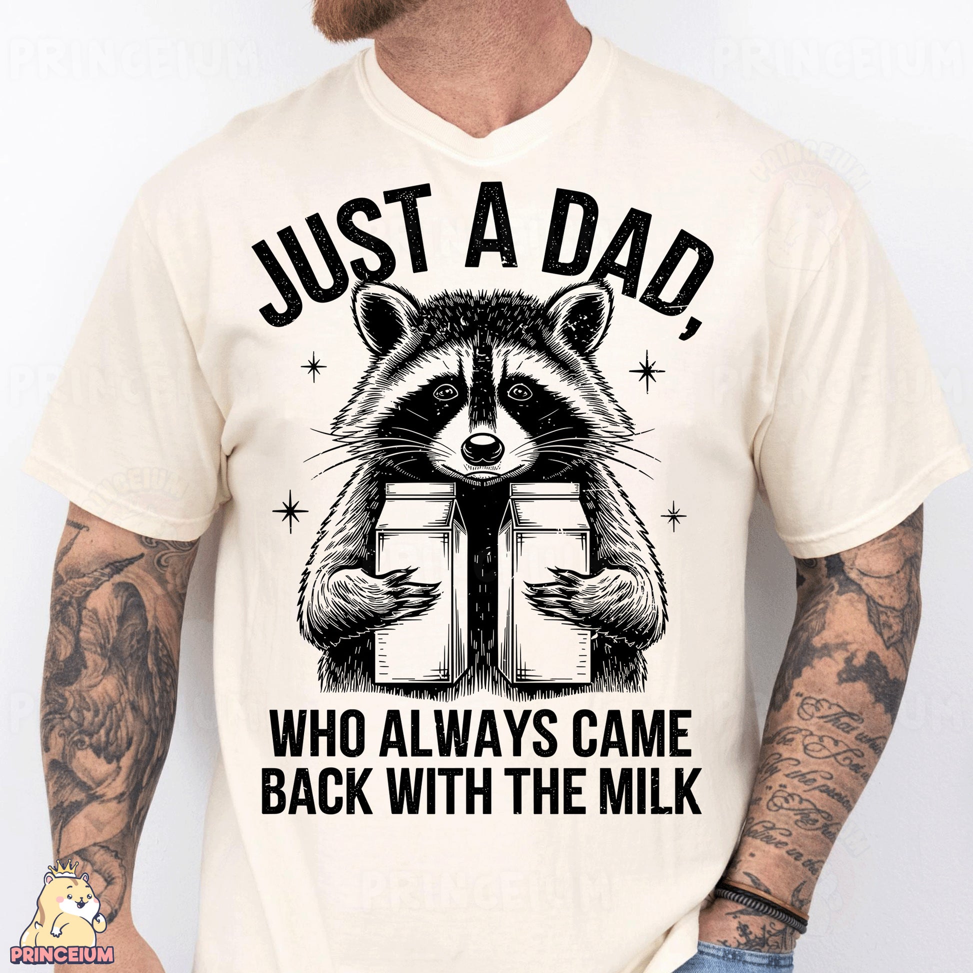 a man wearing a t - shirt that says just a dad who always came back