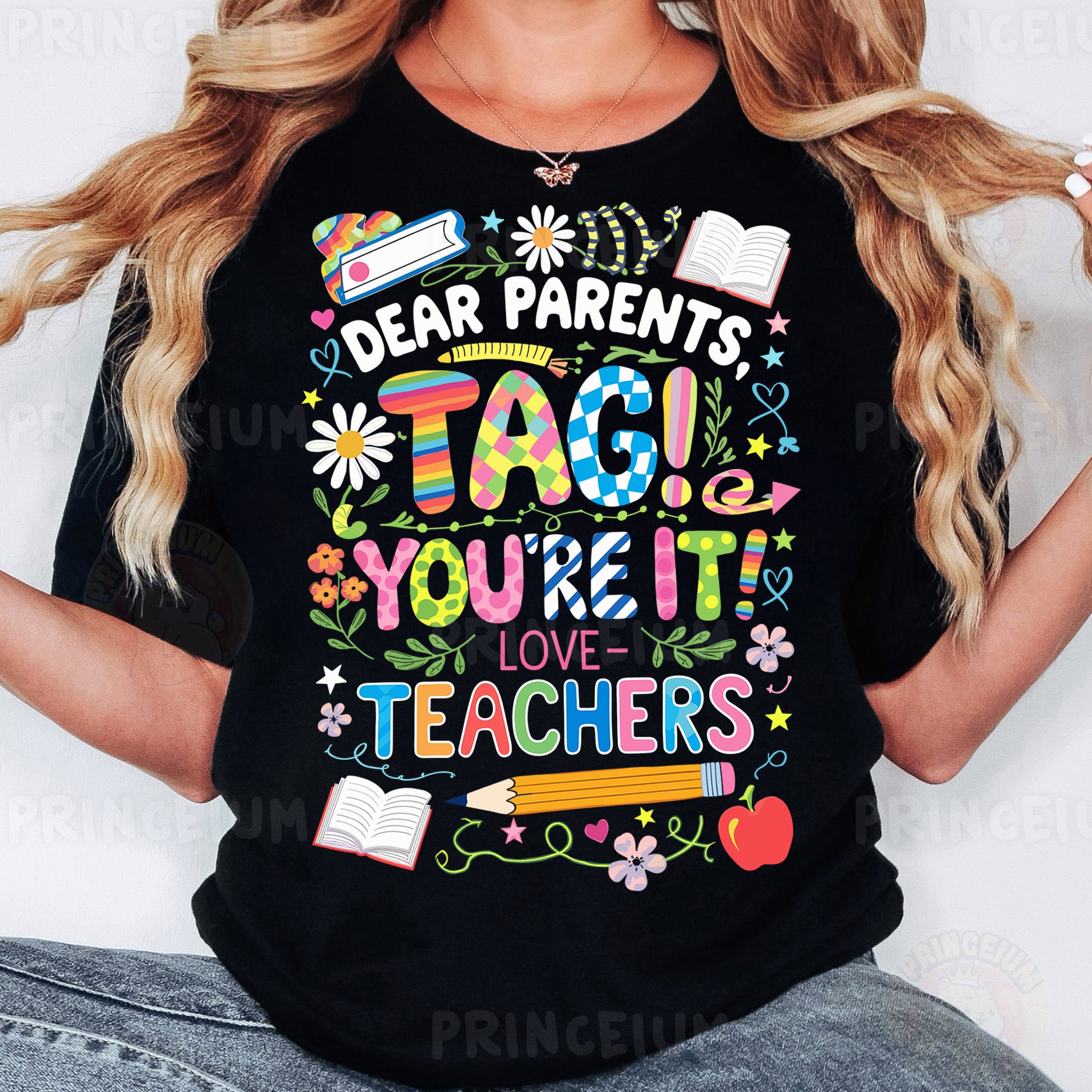 a woman wearing a t - shirt that says dear parents tag you're it