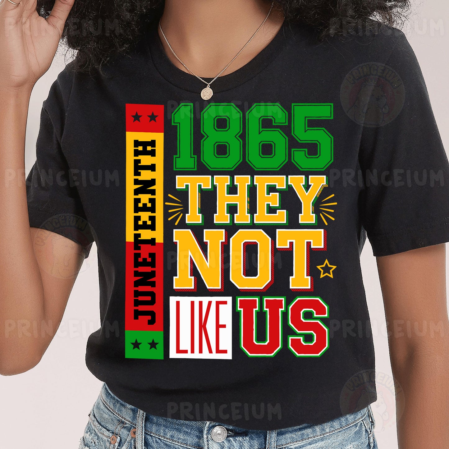 a woman wearing a black t - shirt that says, 1965 they not like us