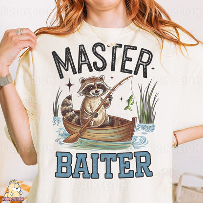 a woman wearing a shirt with a raccoon fishing on it