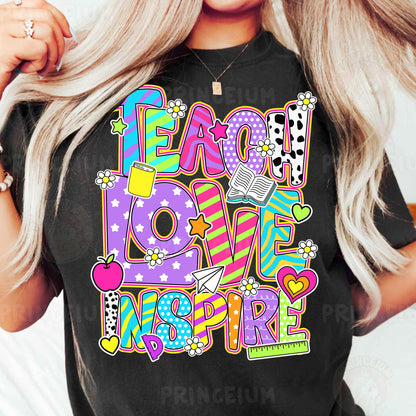 a woman wearing a t - shirt that says peace love inspire