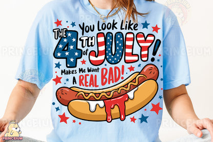 a woman wearing a fourth of july shirt with a hot dog on it