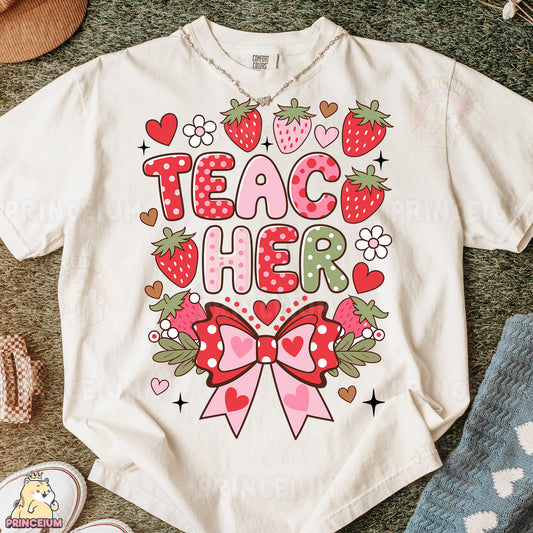 a t - shirt that says teach her with strawberries on it