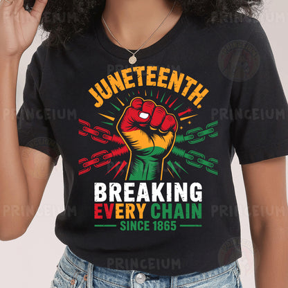 a woman wearing a black t - shirt with the words juneteeth breaking every