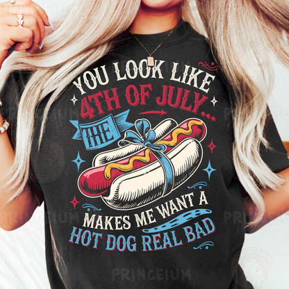 a woman wearing a black shirt with a hot dog on it