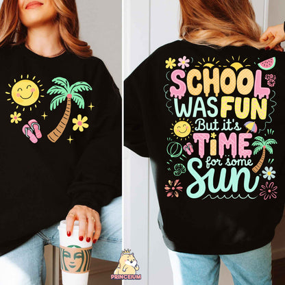 a woman wearing a black sweatshirt that says school was fun but it's time