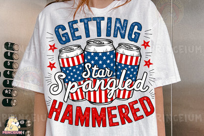 a woman wearing a t - shirt that says getting star - spangled hammered