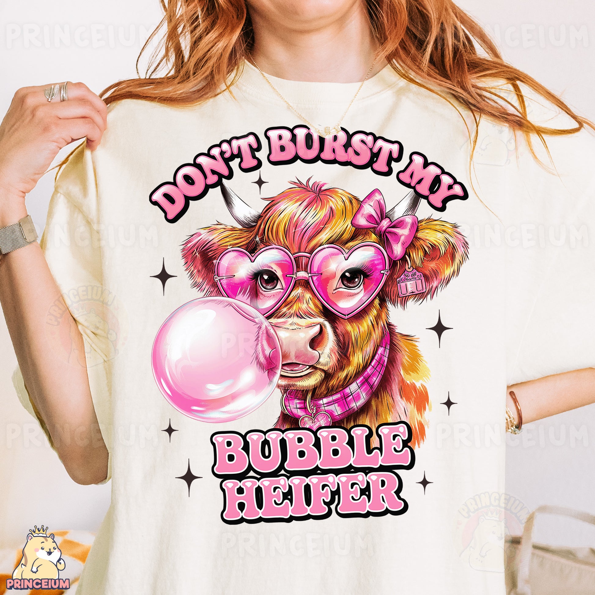 a woman wearing a t - shirt that says don't burst it bubble her
