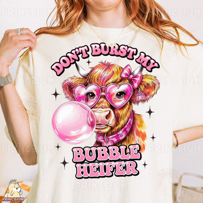 a woman wearing a t - shirt that says don't burst it bubble her