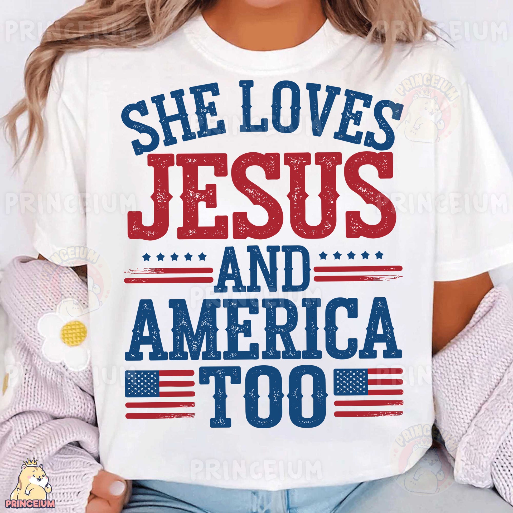 a woman wearing a t - shirt that says she loves jesus and america too
