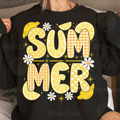 a woman wearing a black shirt that says summer