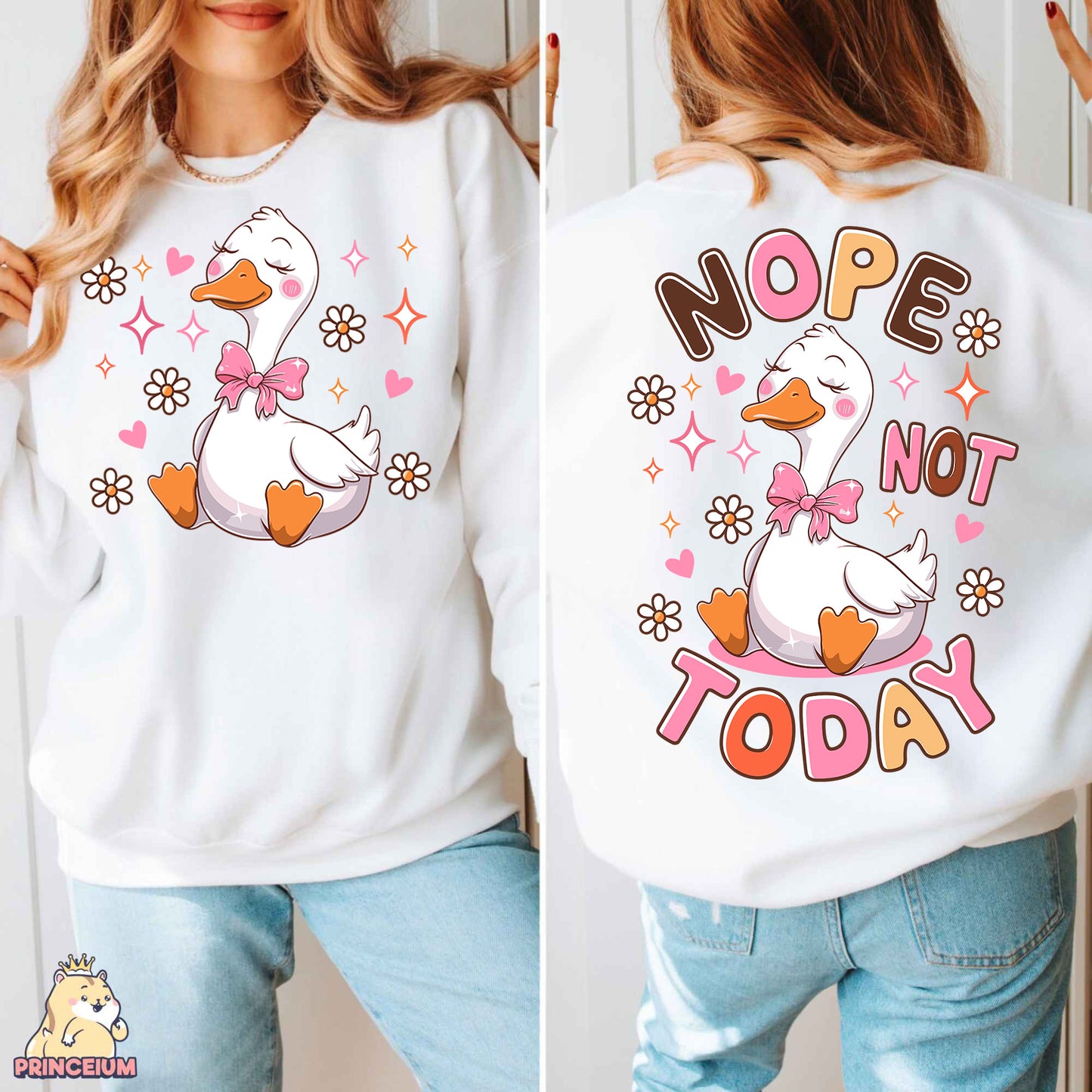 a woman wearing a white sweatshirt with a duck on it