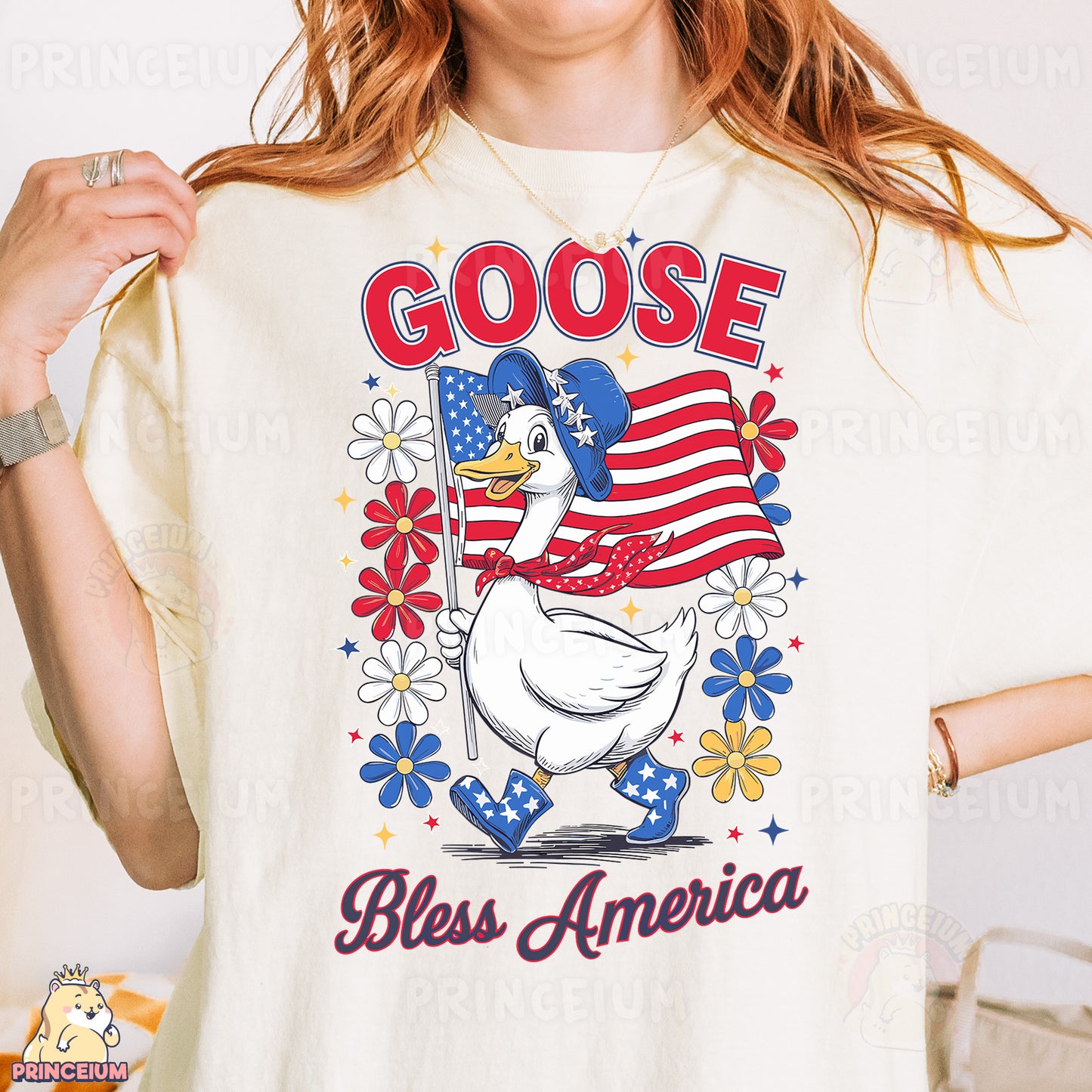 a woman wearing a goose t - shirt with an american flag on it