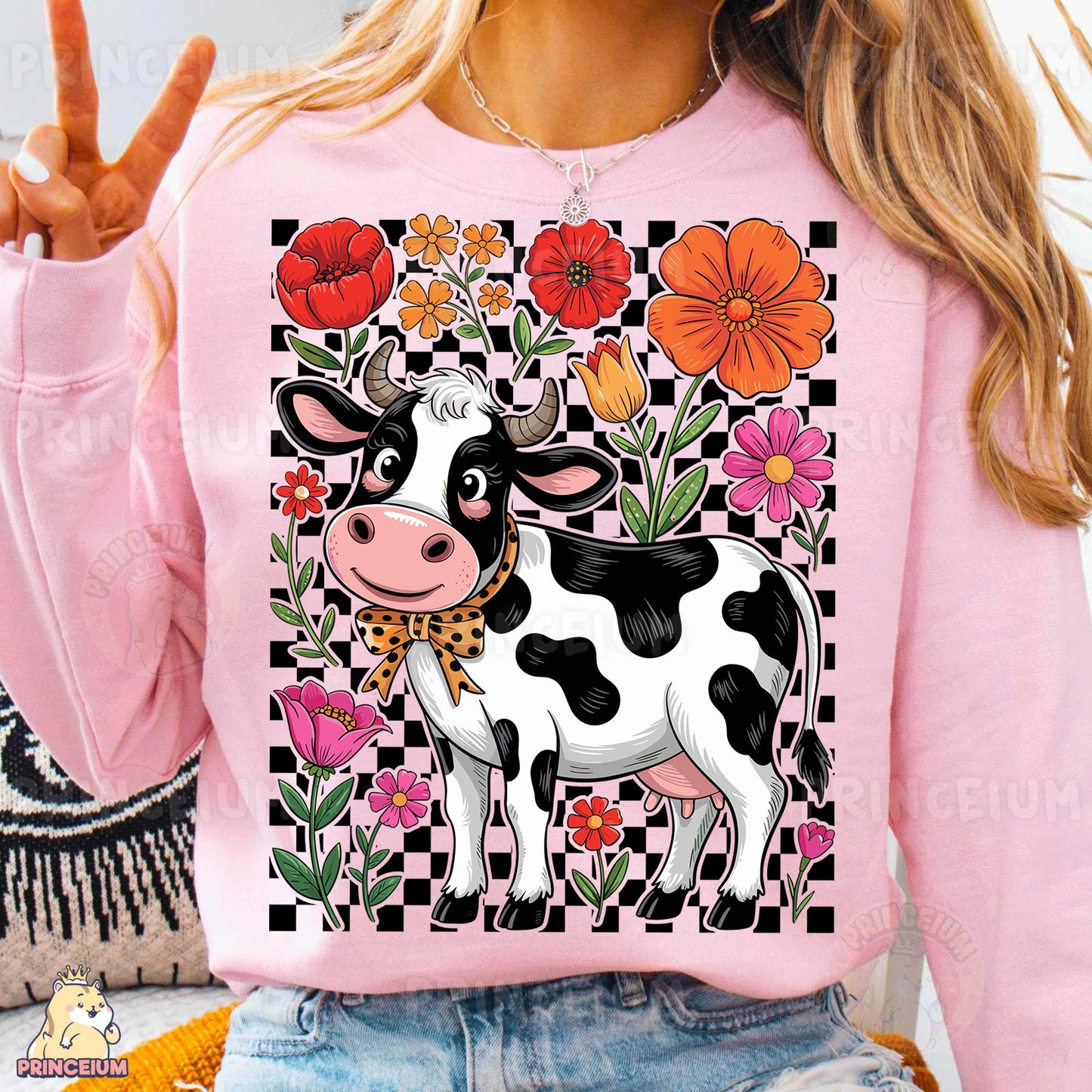 a woman wearing a pink shirt with a cow on it