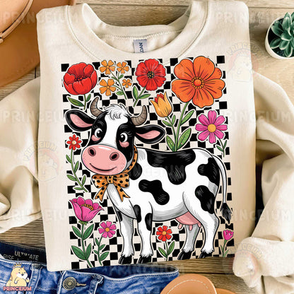 a shirt with a cow and flowers on it
