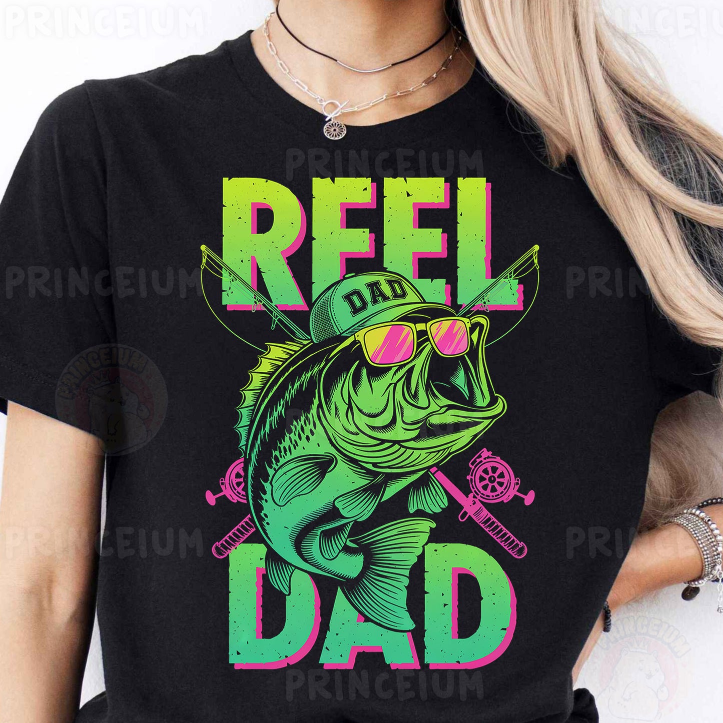 a woman wearing a t - shirt that says reel dad