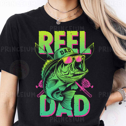 a woman wearing a t - shirt that says reel dad