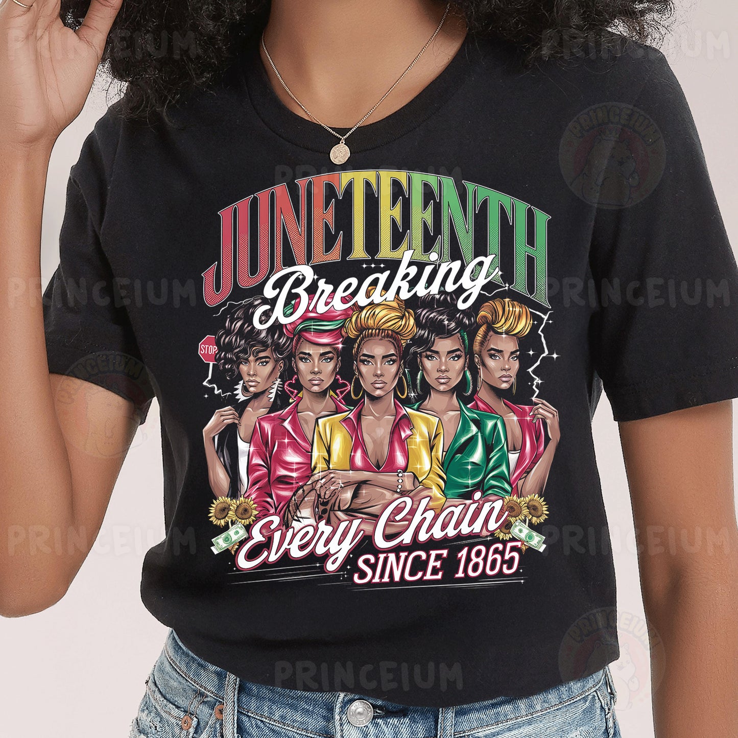 a woman wearing a black t - shirt with the words juneteeth breaking every