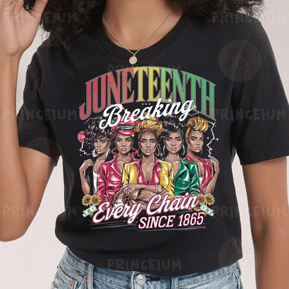 a woman wearing a black t - shirt with the words juneteeth breaking every