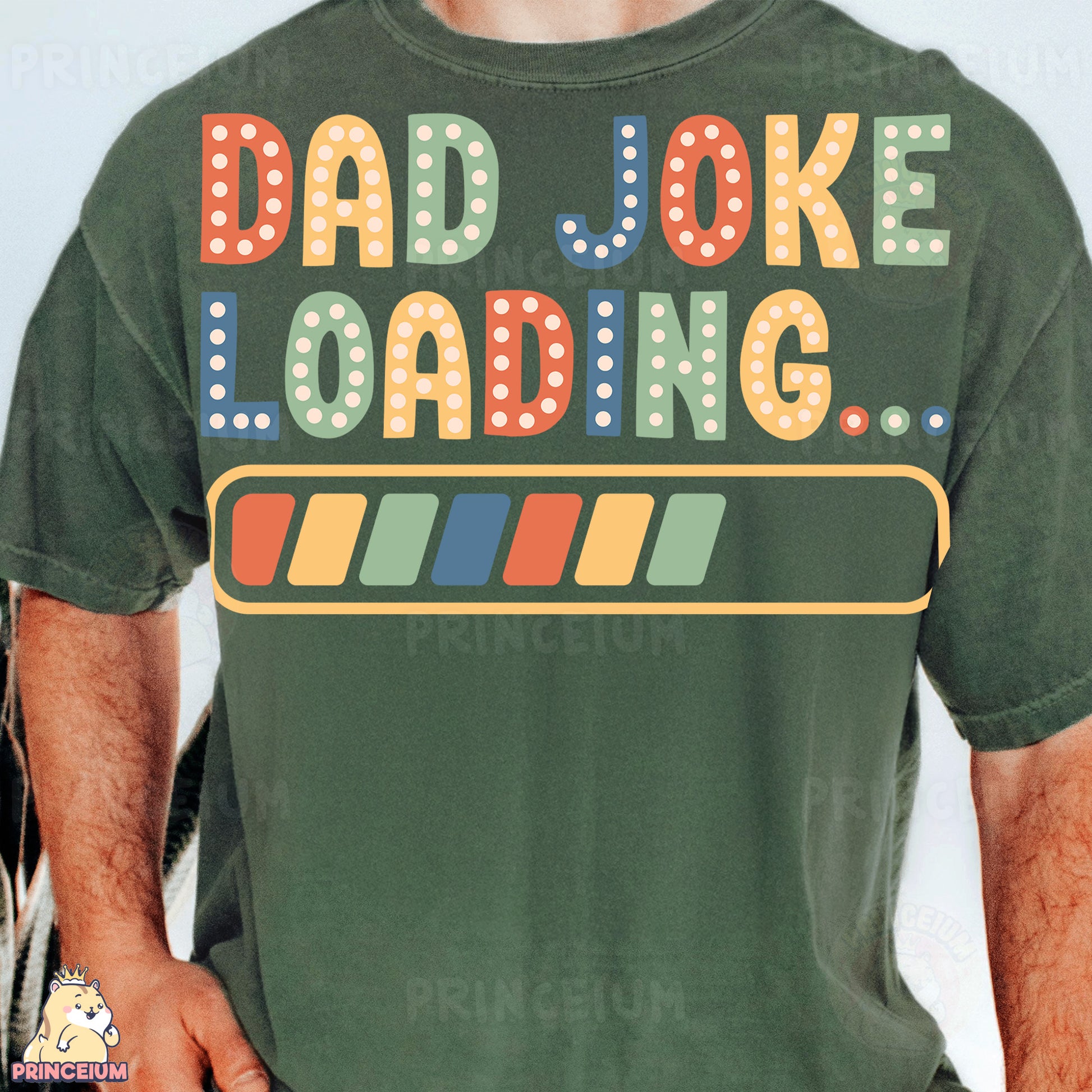 a man wearing a green shirt that says dad joke loading