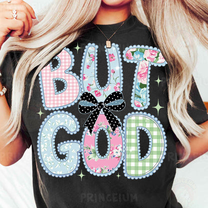 a woman wearing a black shirt that says but god