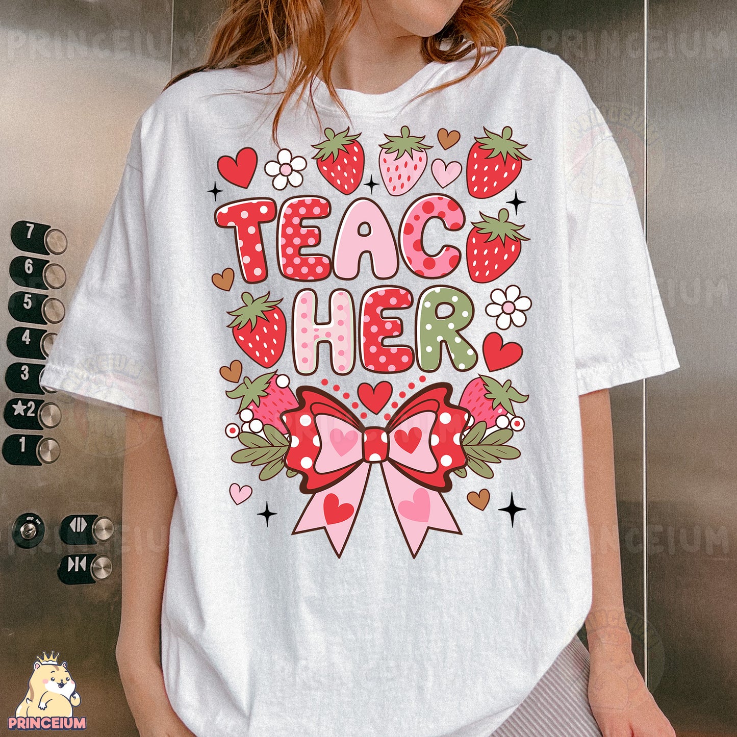 a woman wearing a t - shirt that says teach her