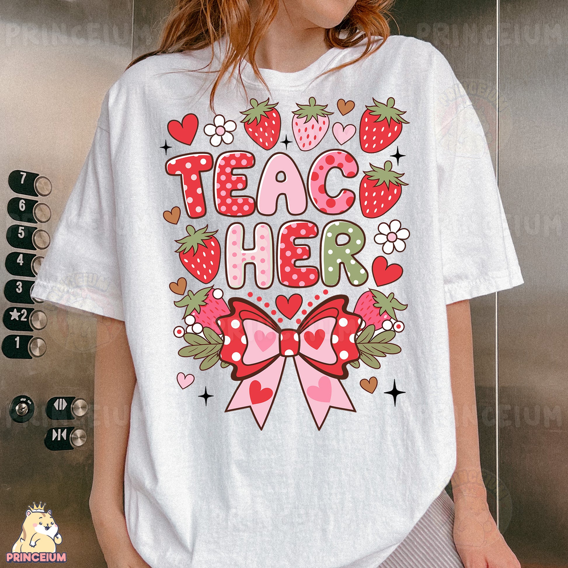 a woman wearing a t - shirt that says teach her