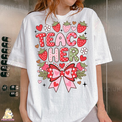 a woman wearing a t - shirt that says teach her