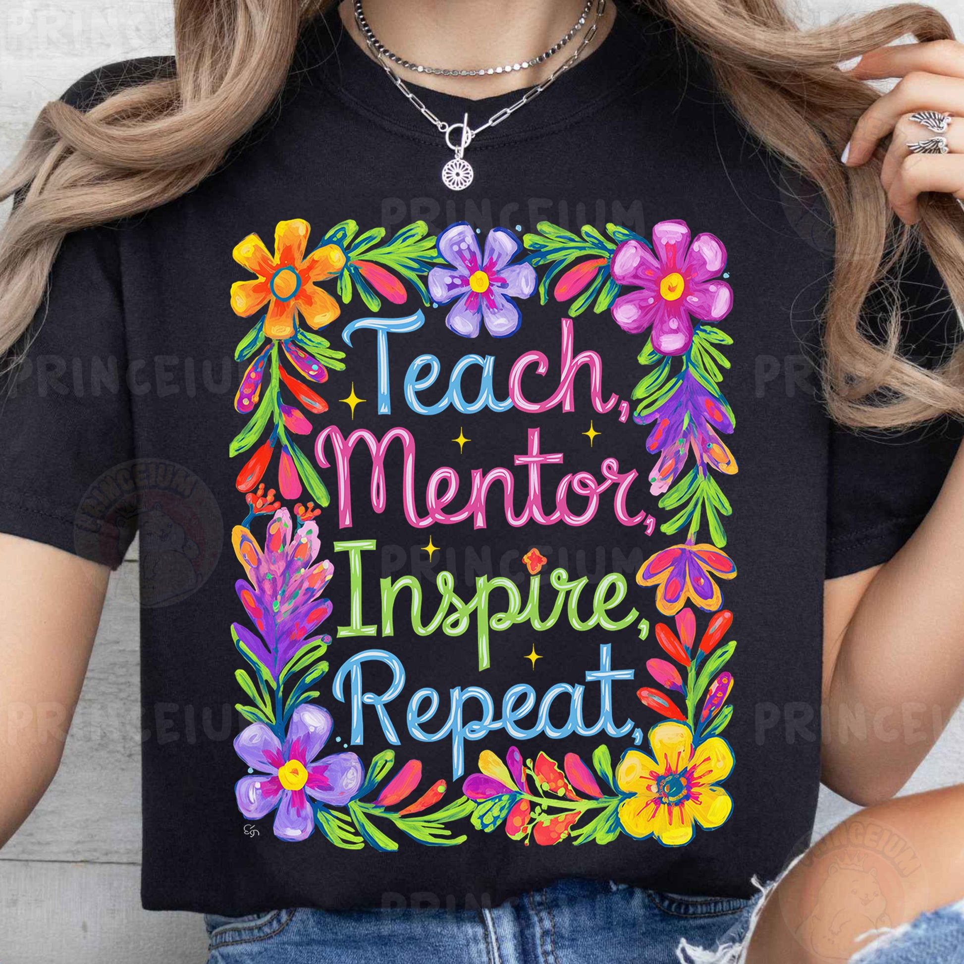 a woman wearing a t - shirt that says teach mentor inspire repeat