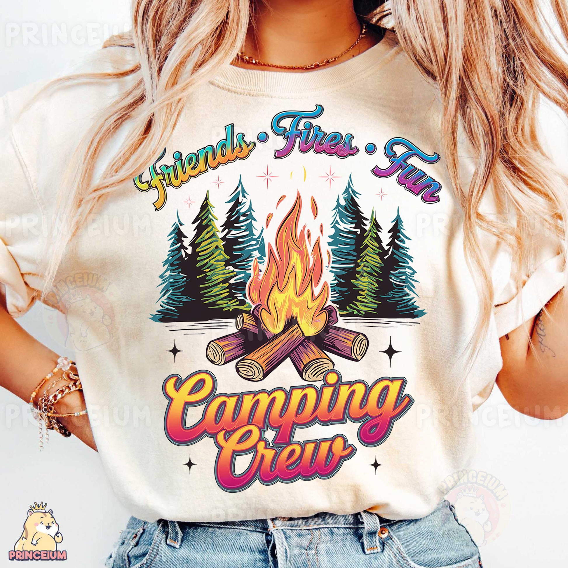 a woman wearing a t - shirt that says camping crew