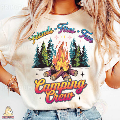 a woman wearing a t - shirt that says camping crew