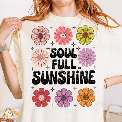a woman wearing a t - shirt that says soul full of sunshine