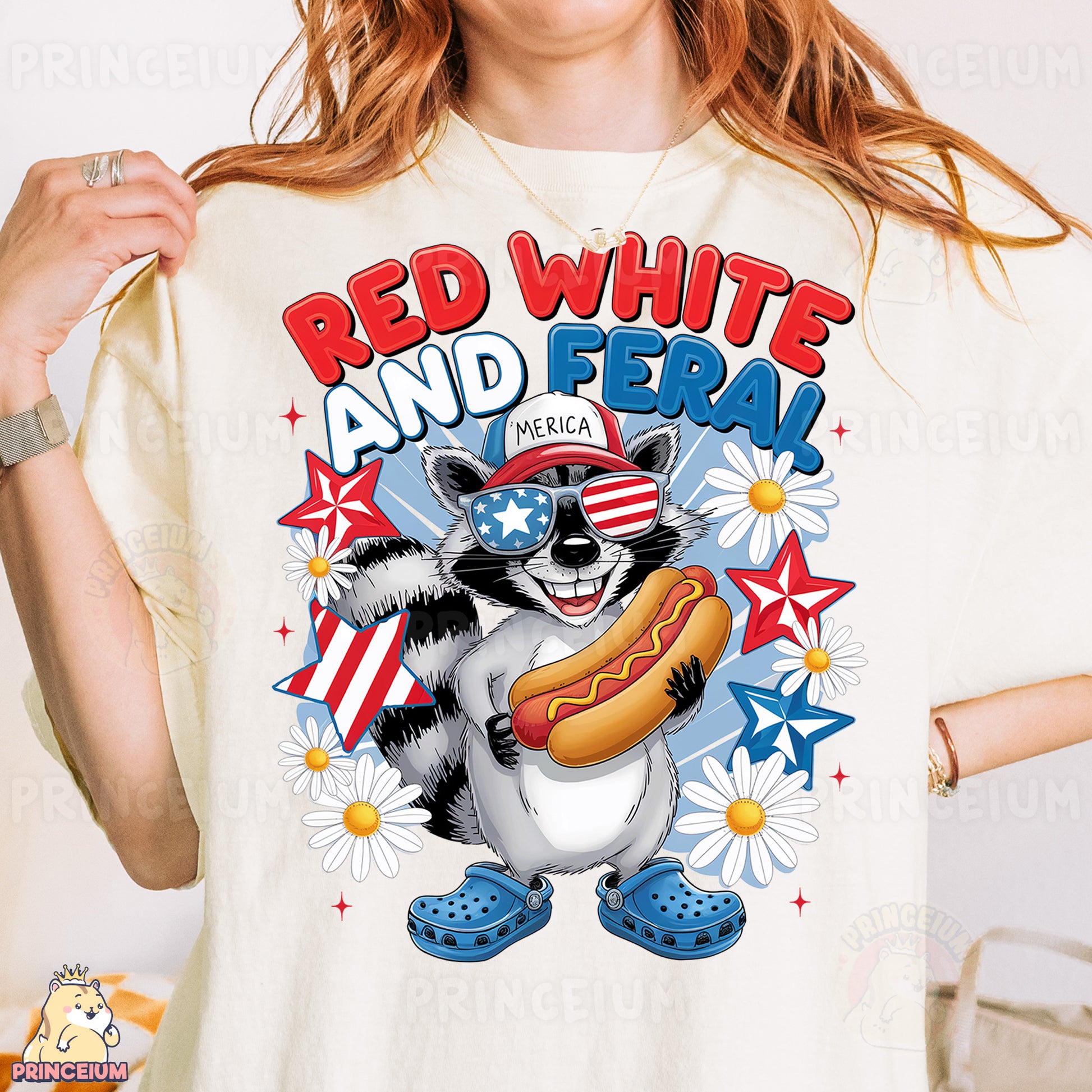 a woman wearing a red white and blue shirt with a raccoon holding a