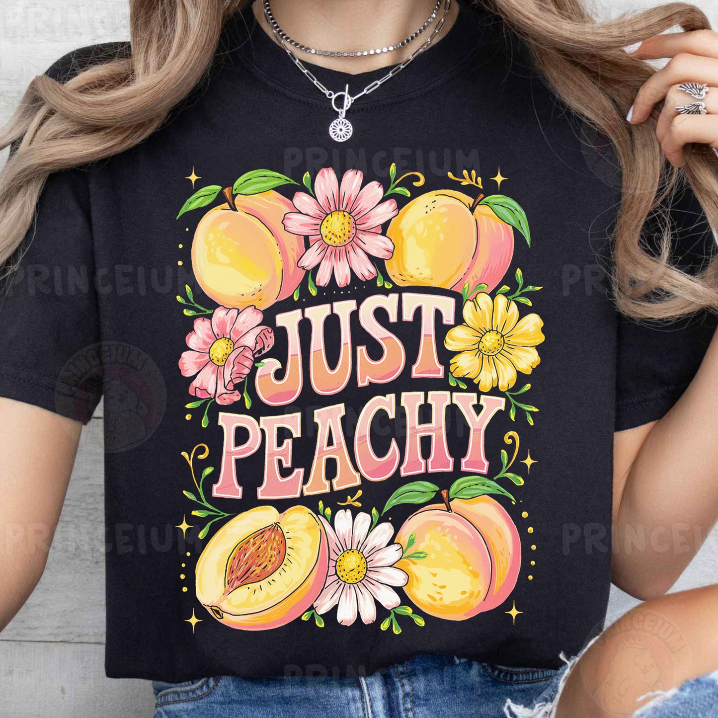 a woman wearing a t - shirt that says just peachy