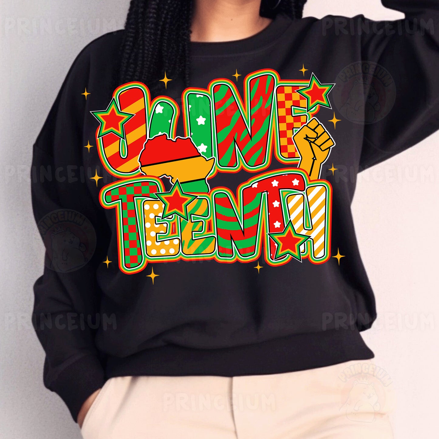 a woman wearing a black sweatshirt with a colorful graphic on it