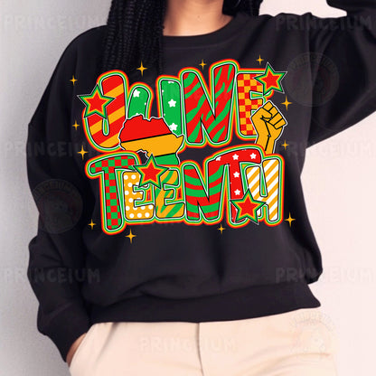 a woman wearing a black sweatshirt with a colorful graphic on it