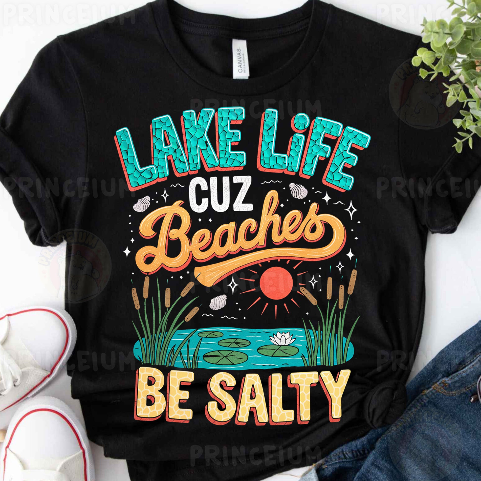a t - shirt that says lake life cuz beaches be salty