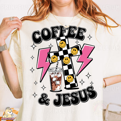 a woman wearing a coffee and jesus shirt