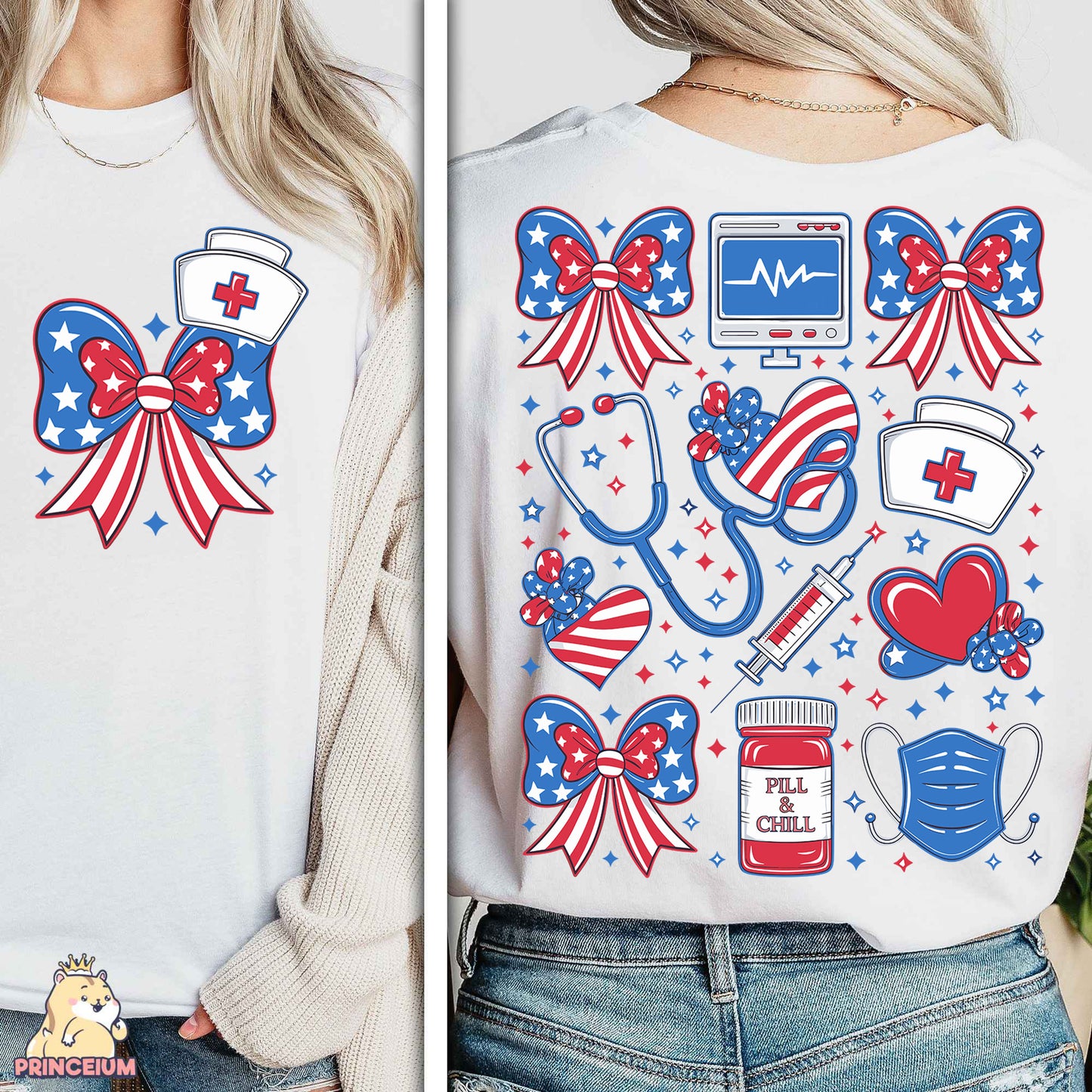 a woman wearing a white shirt with red, white, and blue designs on it