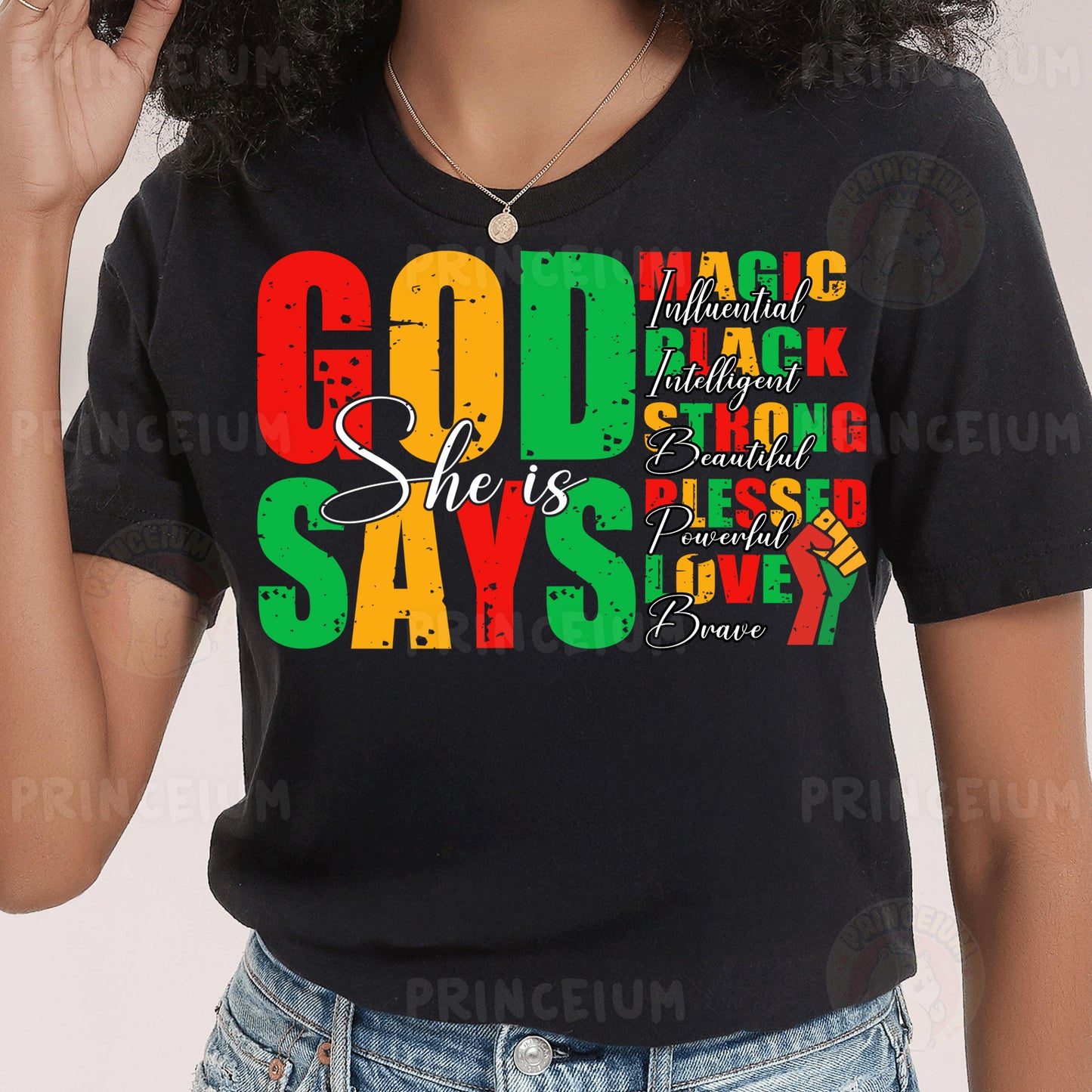 a woman wearing a black t - shirt with the words god she is sassy