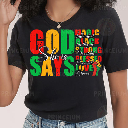 a woman wearing a black t - shirt with the words god she is sassy