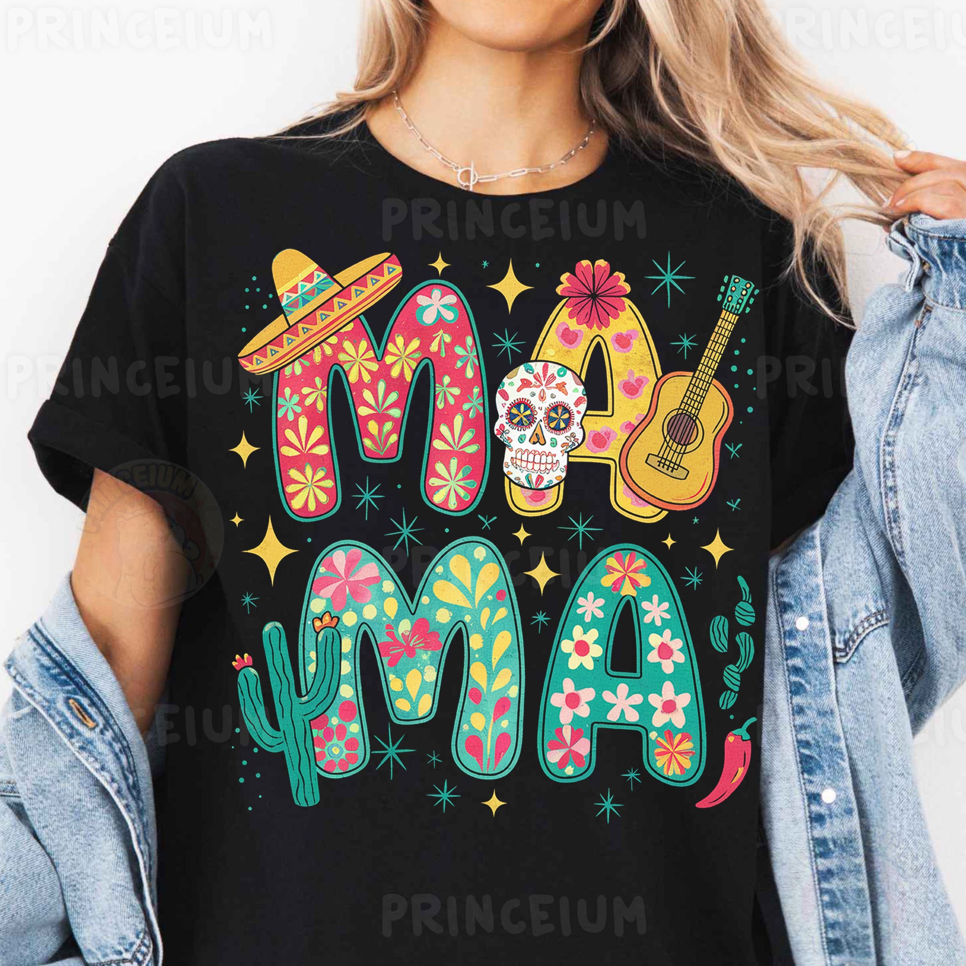 a woman wearing a black t - shirt with a mexican design