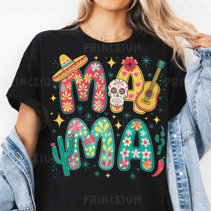 a woman wearing a black t - shirt with a mexican design