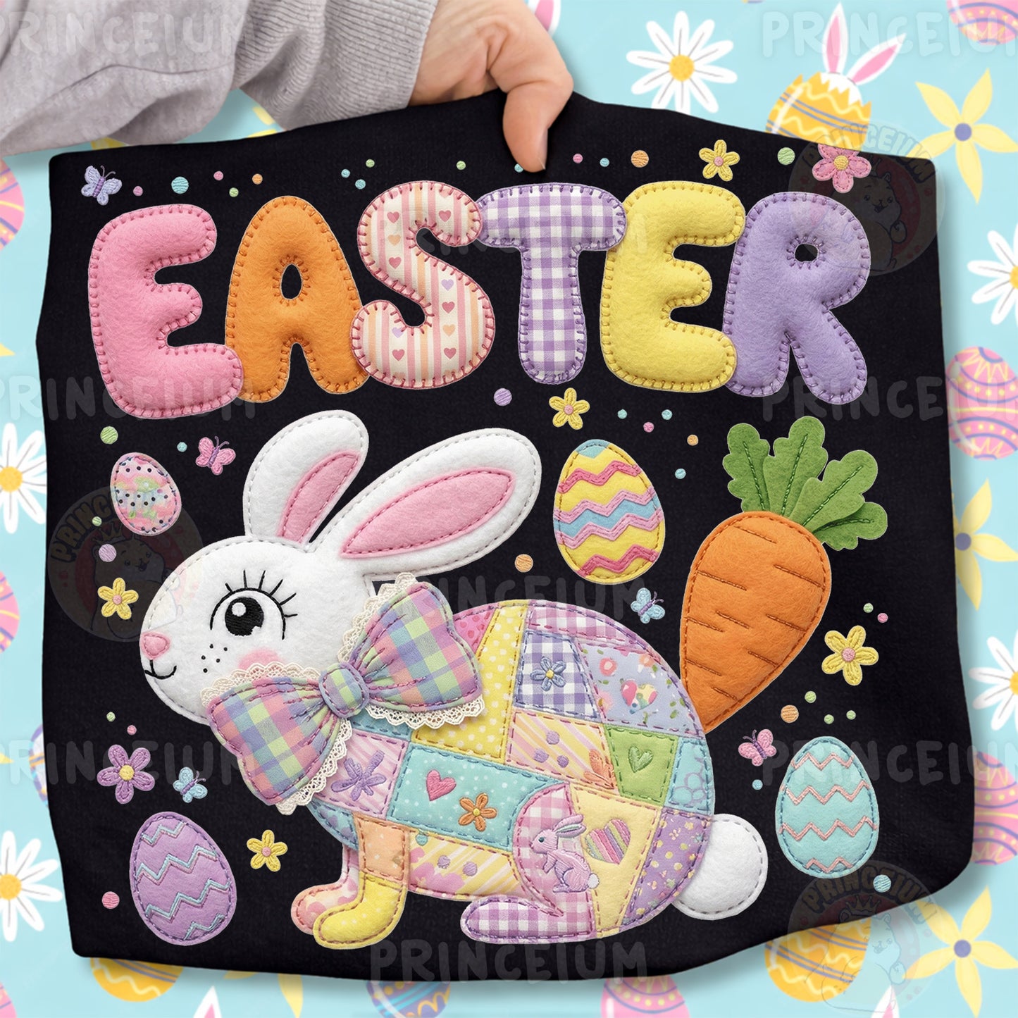 Easter Bunny PNG, Cute Patchwork Rabbit with Eggs and Carrot, Pastel Spring Easter Clipart
