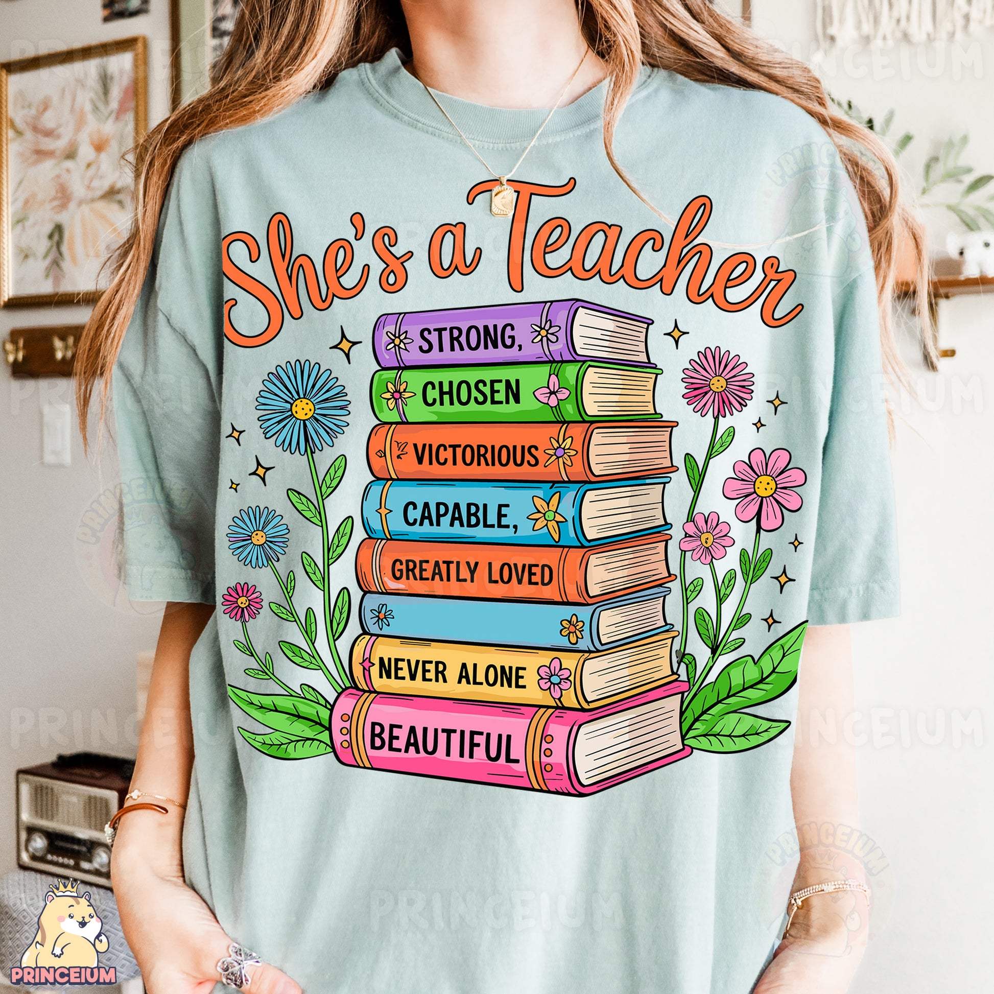 a woman wearing a t - shirt that says she's a teacher