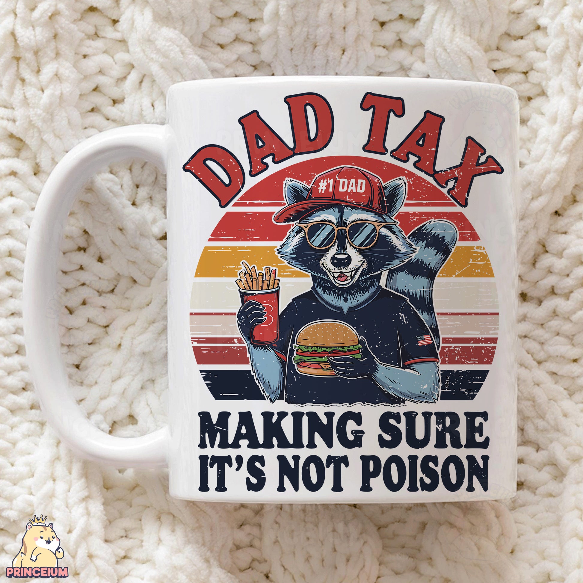 a coffee mug with a raccoon eating a burger